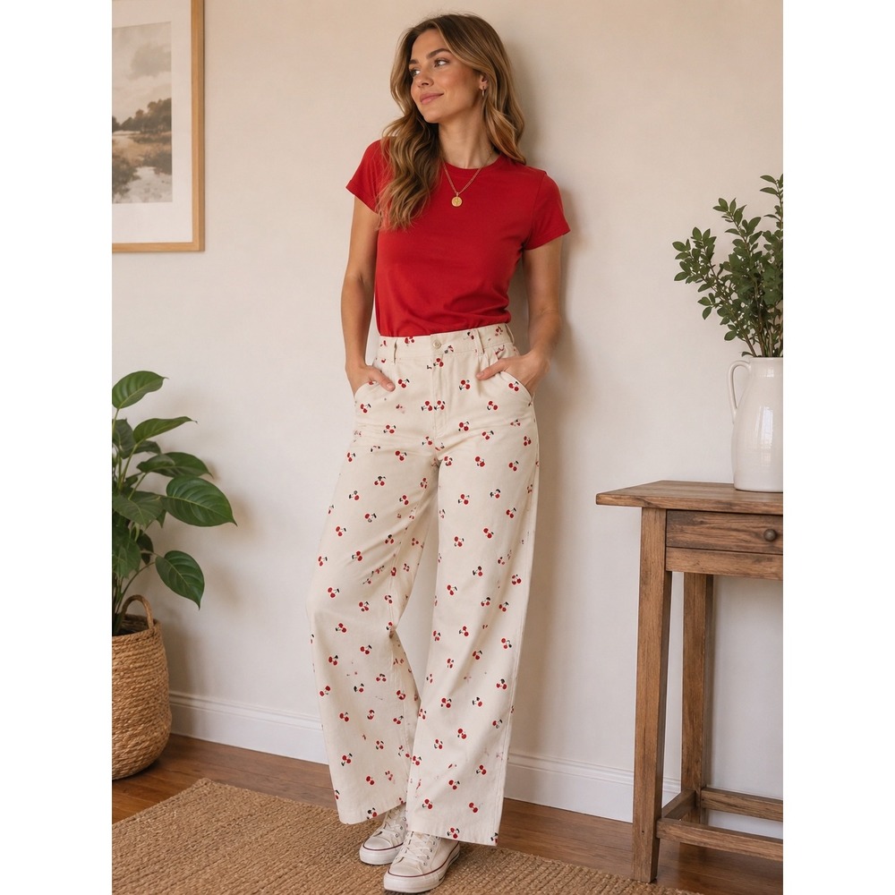 Bagatelle Cherry Fruit All Over Print Pants White Red Cotton Cottagecore NWOT 12